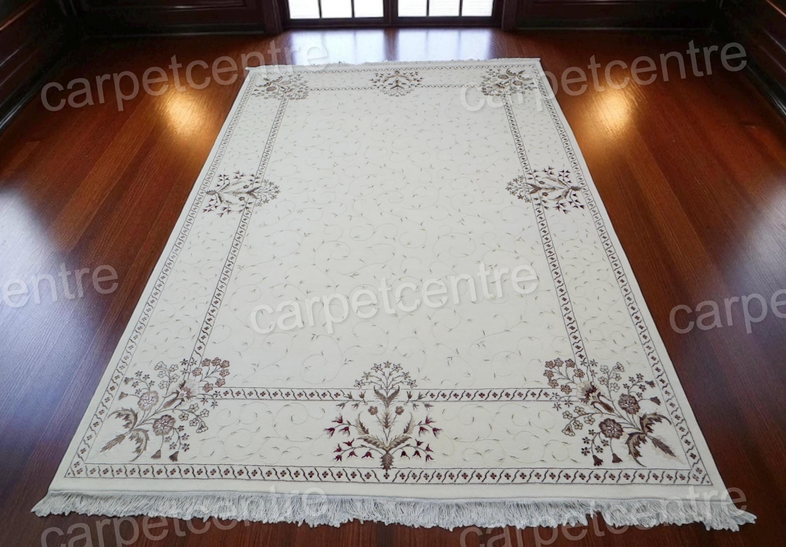 Handwoven Wool Art Silk Rug: Ivory Floral Border (11'3" x 8'3")