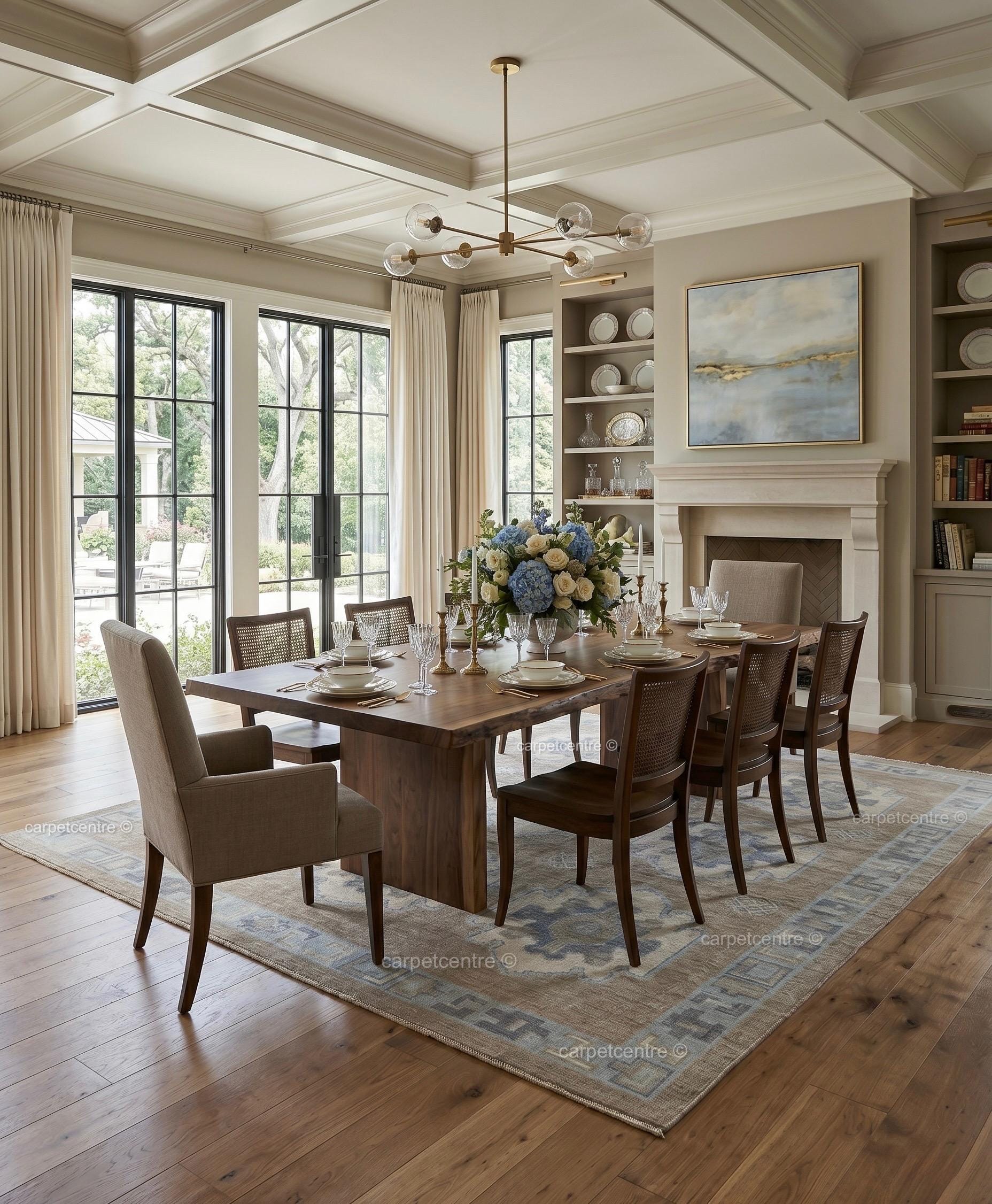 Hand Knotted Wool Oushak Rug | Taupe Blue Tribal Vintage Style Carpet