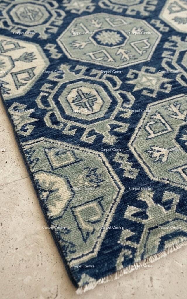 Navy Blue Turkish Oushak Wool Runner Rug, Gray Medallion