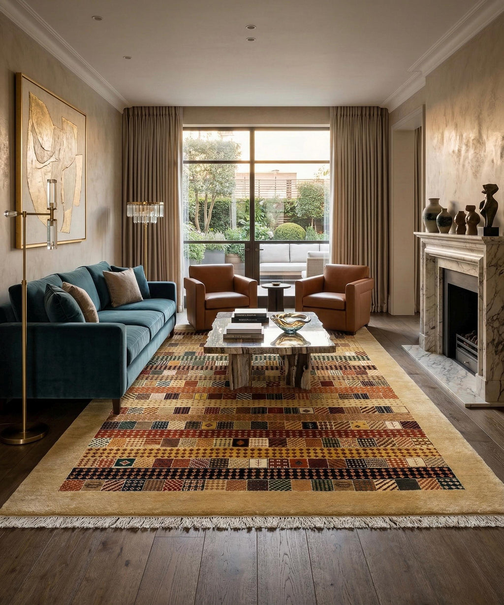 Hand-Knotted Wool Area Rug | Patchwork Tribal Geometric Design (8x6)