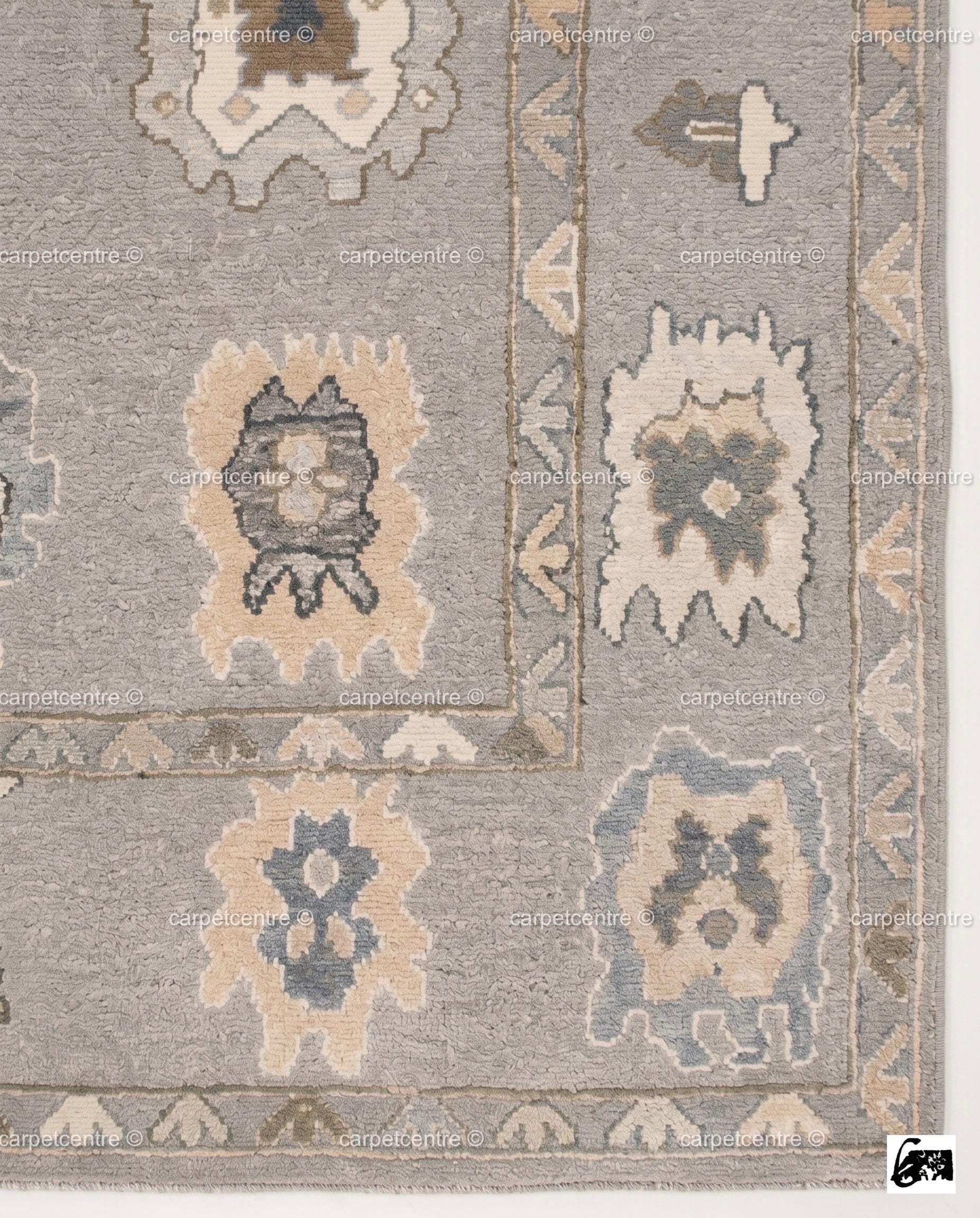 Hand Knotted Wool Oushak Rug | Muted Geometric Tribal Design, Neutral Tones