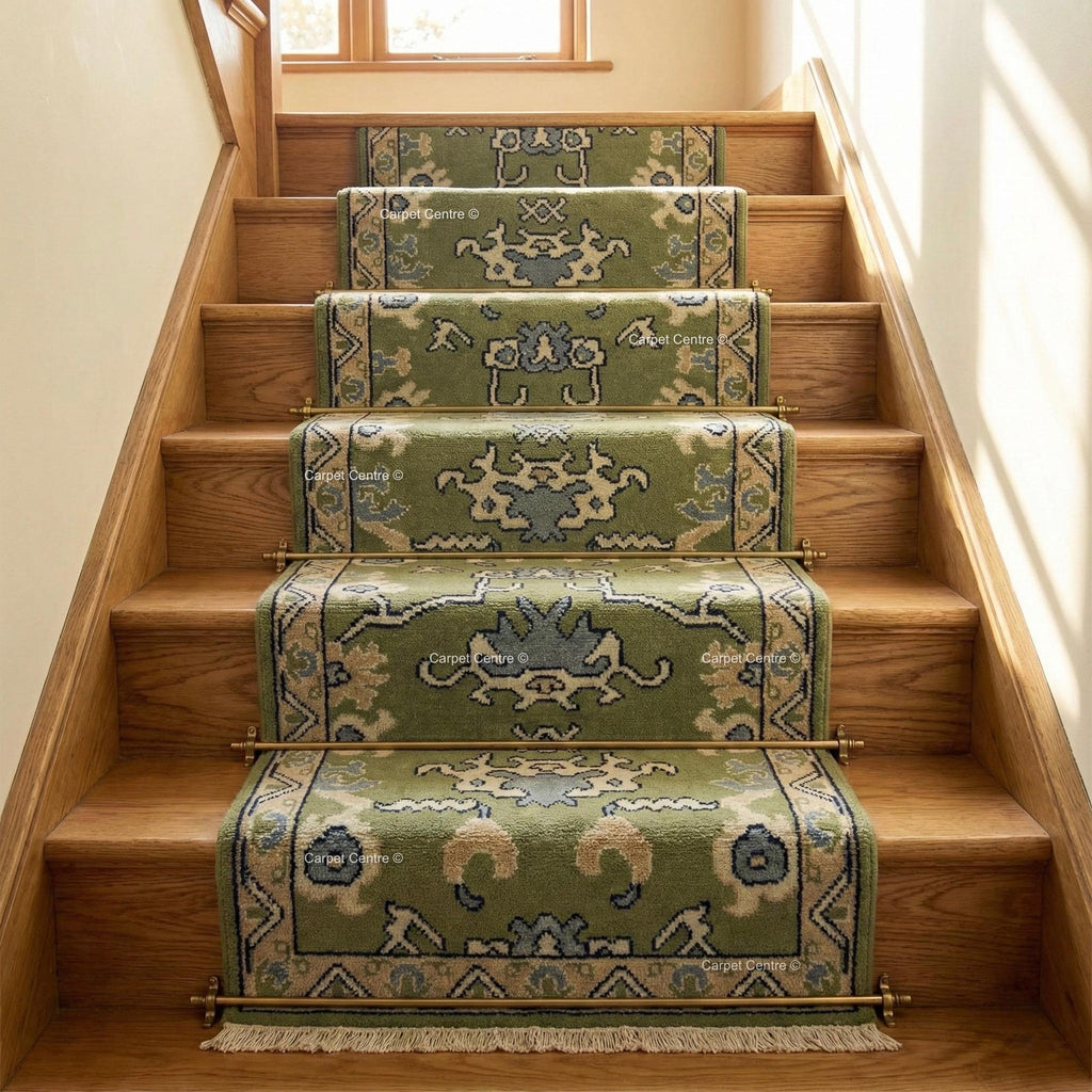 Olive Green Hand Knotted Oushak Wool Runner Rug Turkish Vintage Hallway Entryway Rug