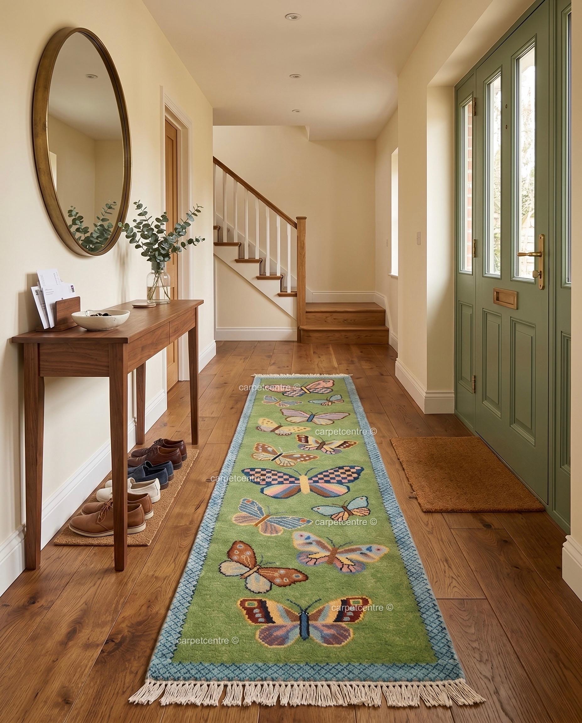 Handmade Wool Butterfly Runner Rug | Light Green Scattered Meadow Carpet