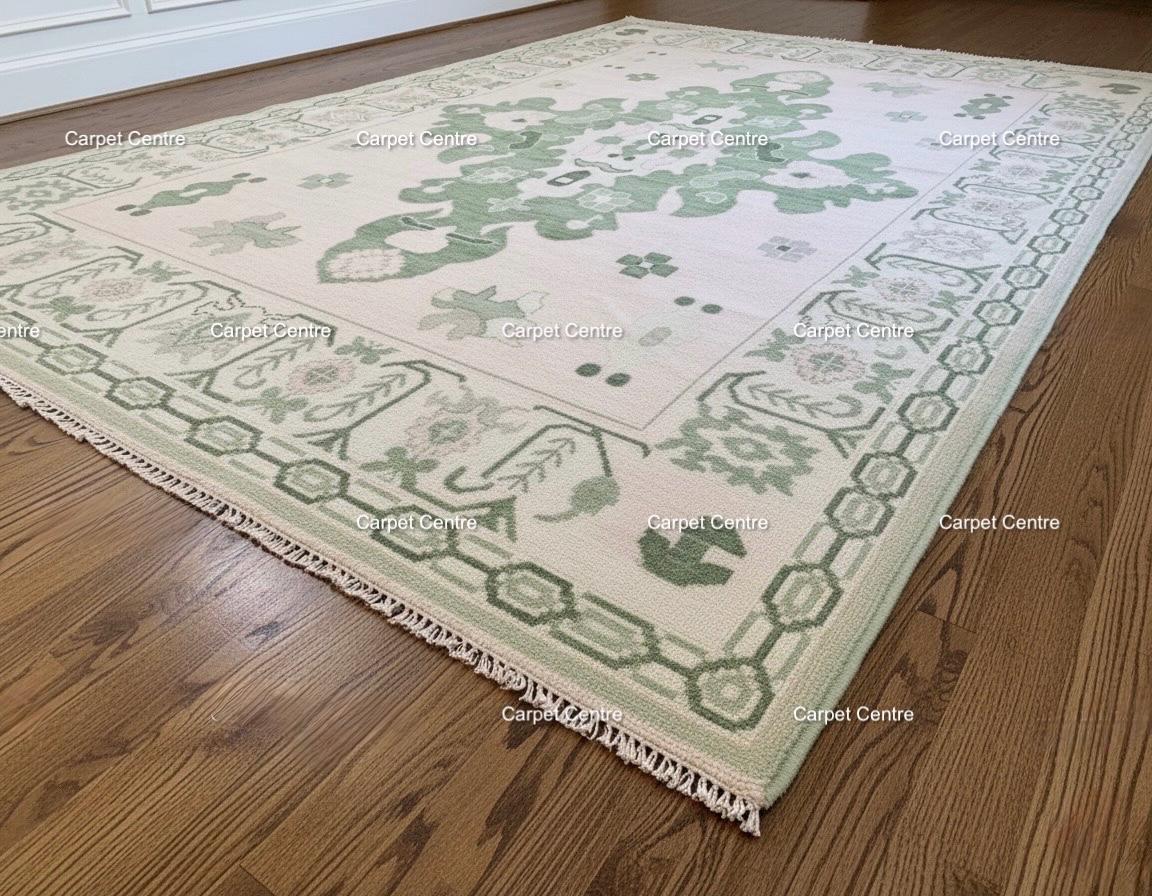 Hand-Knotted Oushak Wool Rug: Sage Green Medallion, Transitional Design