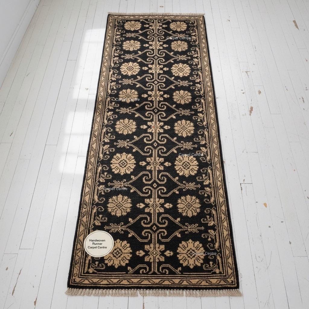 Hand-Knotted Wool Runner Rug, Black and Beige Floral Lattice, Oushak Quality