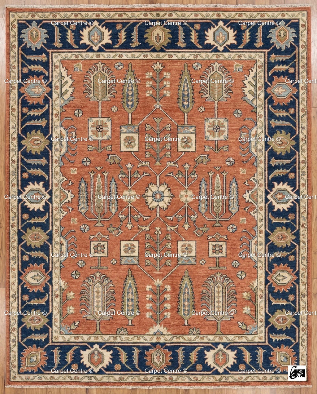 Hand Knotted Oushak Rug, Turkish Wool, Tree of Life, Terracotta & Navy