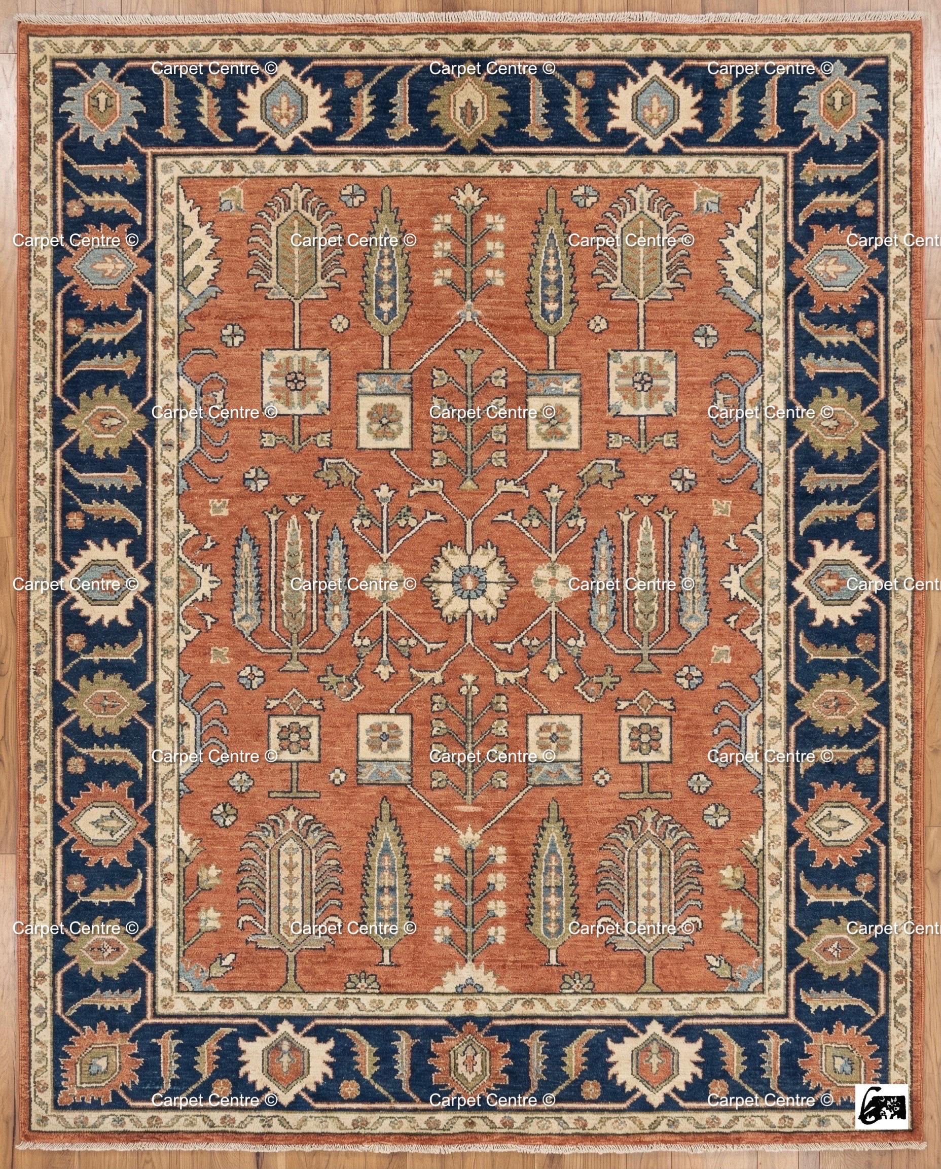 Hand Knotted Oushak Rug, Turkish Wool, Tree of Life, Terracotta & Navy