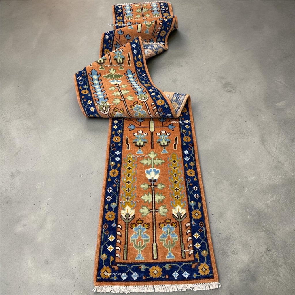 Hand-Knotted Wool Oushak Runner, Terracotta Tree of Life, Navy Border Hallway Rug