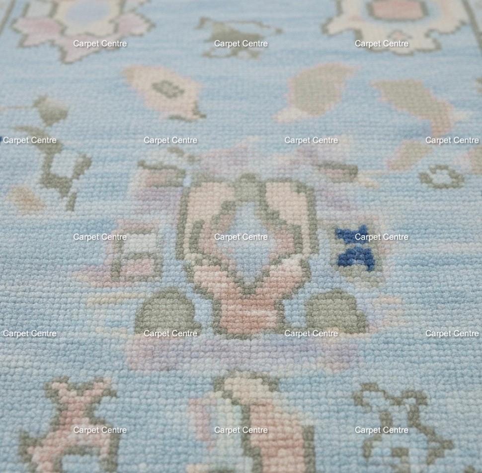 Hand-Knotted Oushak Wool Runner Rug: Pale Blue Floral Medallion