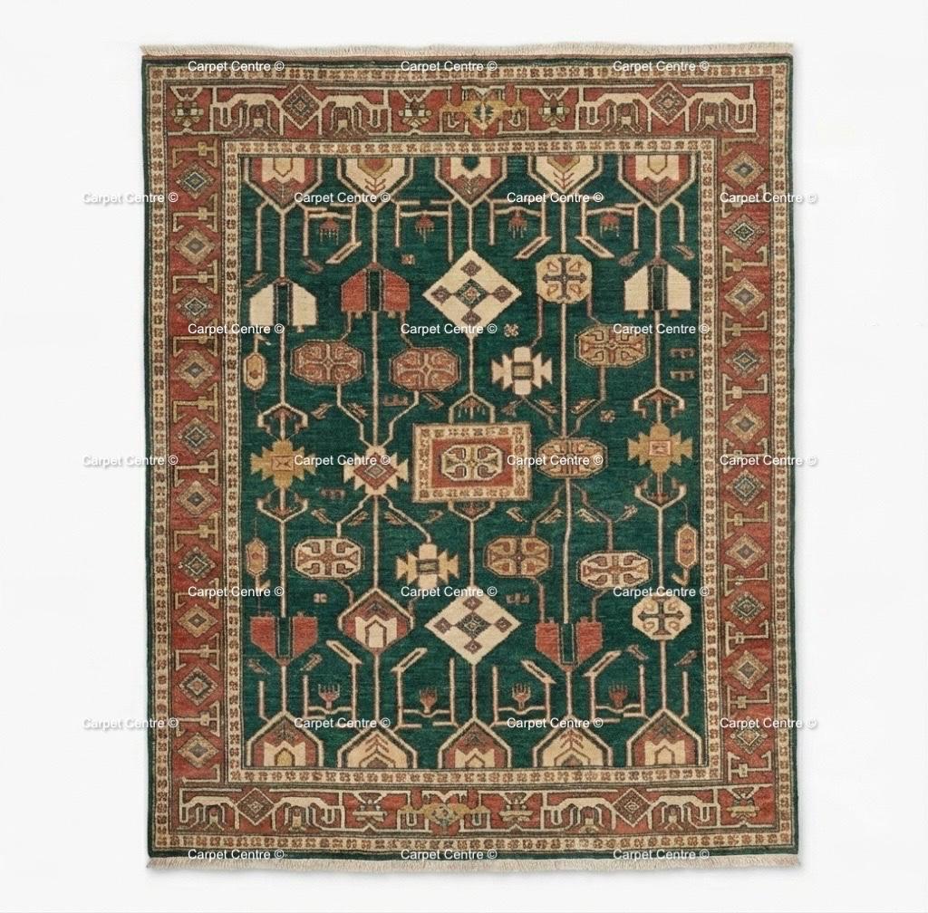 Green Hand Knotted Wool Oushak Rug – Turkish Vintage Tribal Decor