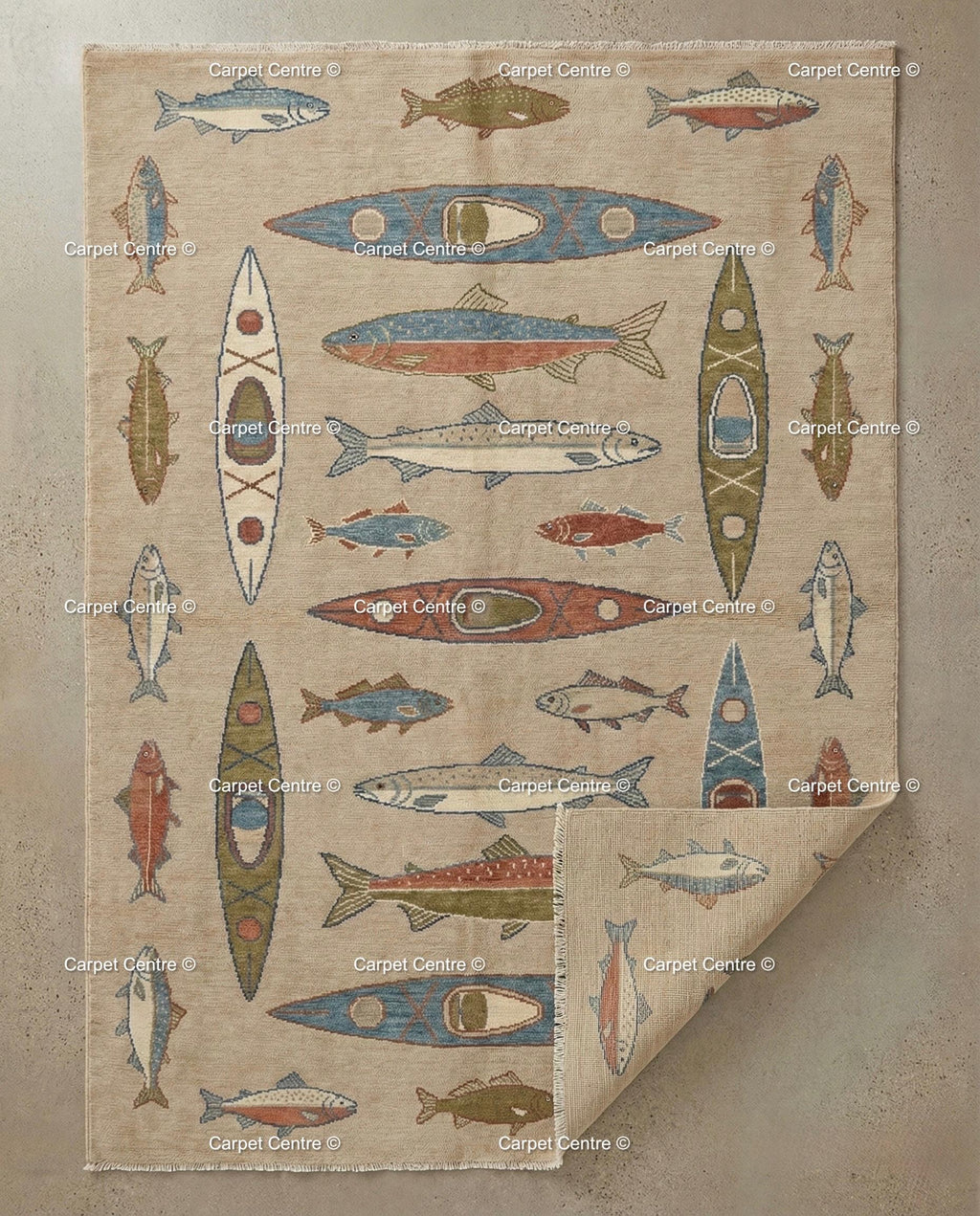 Hand-Knotted Turkish Wool Oushak Rug, Canoe & Fish Design