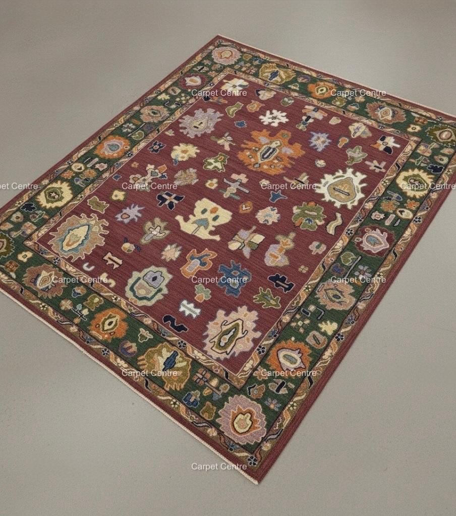 Maroon Oushak Rug, Hand-Knotted Wool Rug, Red and Green, 8x10