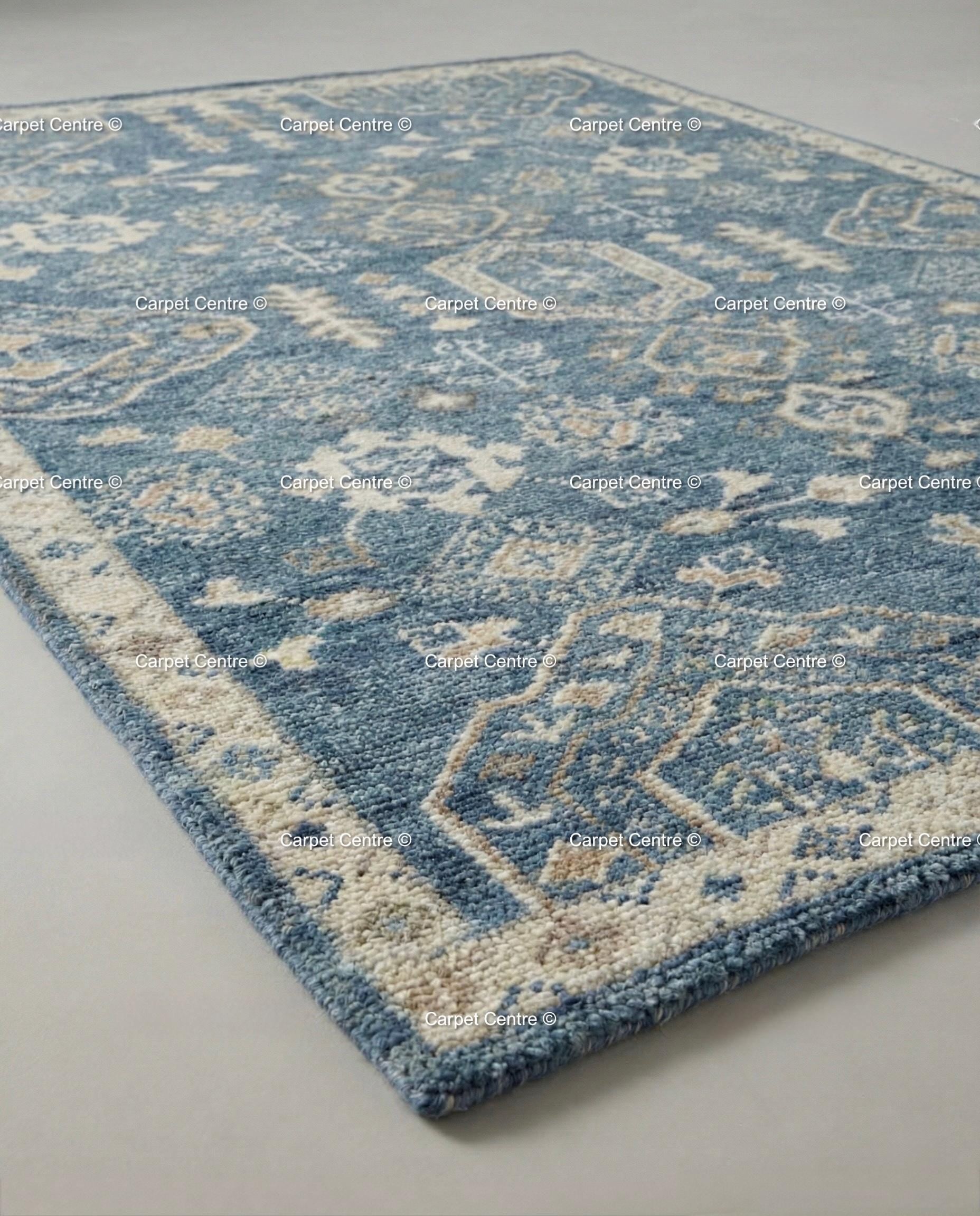 Indigo Blue Oushak Rug, Hand-Knotted Wool Tribal Geometric Carpet, Living Room Bedroom Decor