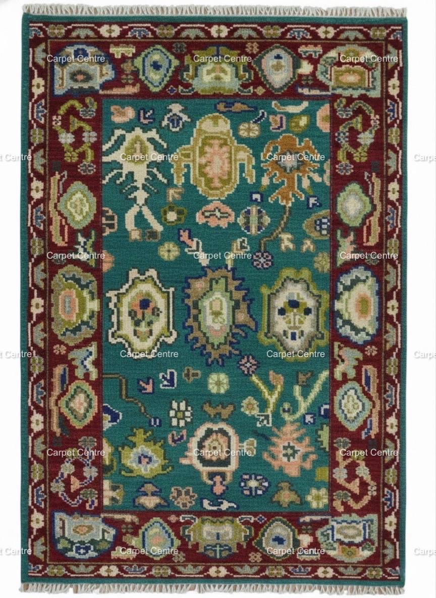 Teal Oushak Rug, Hand-Knotted Wool Area Rug, Red Border
