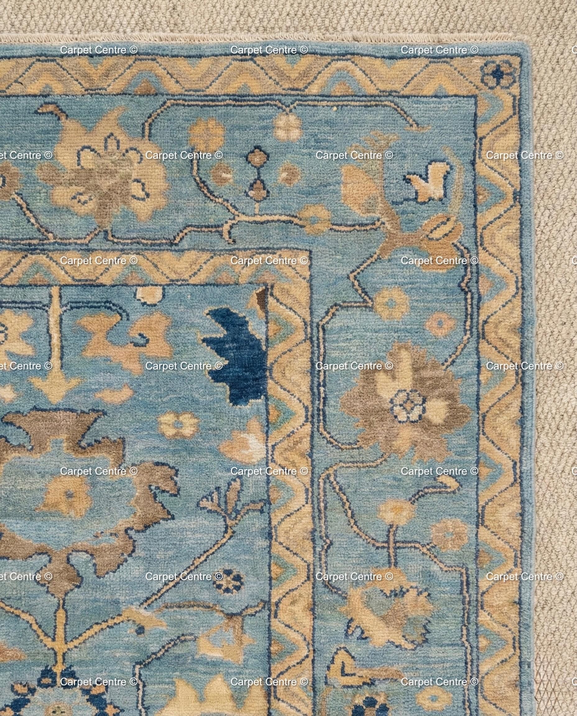 Hand Knotted Wool Oushak Rug, Soft Blue Coastal Decor