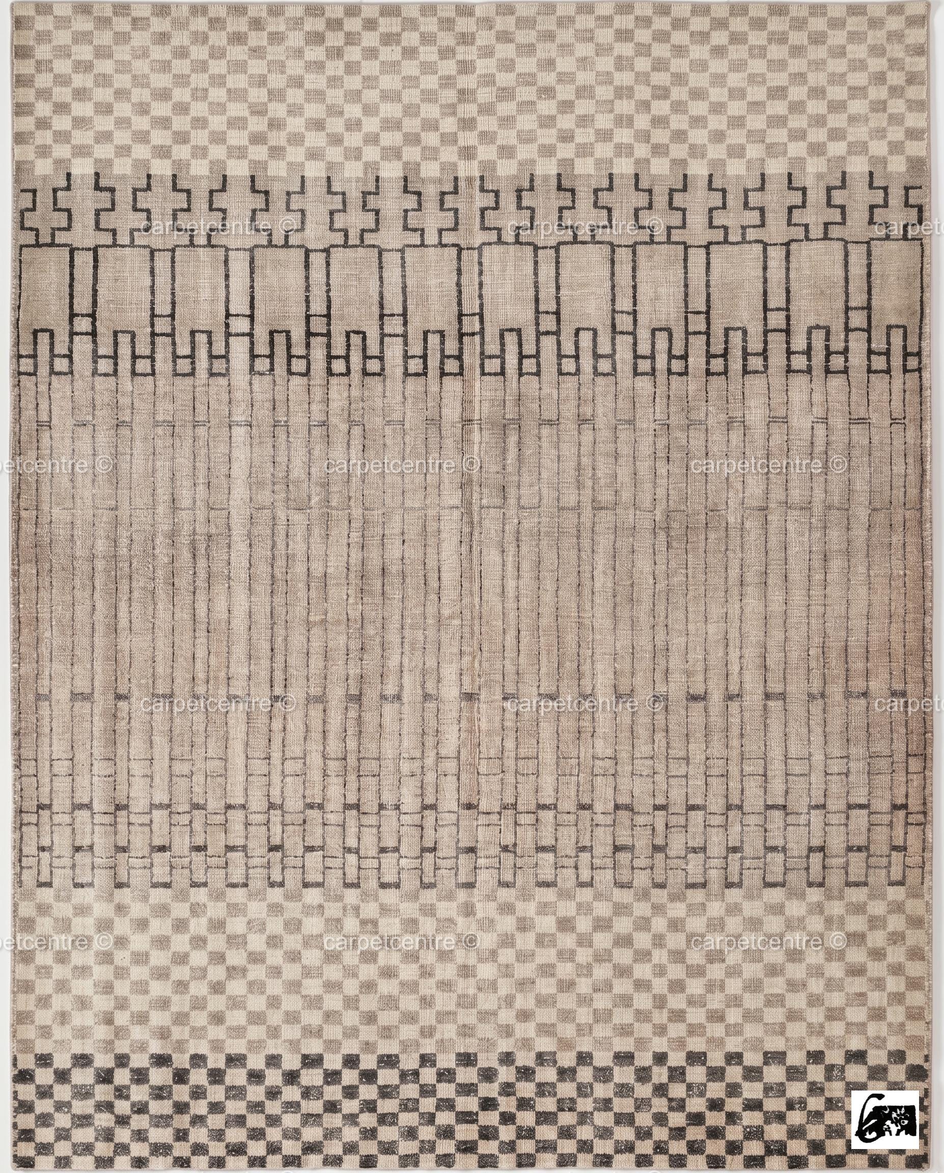 Neutral Geometric Oushak Rug | Beige Charcoal Checkered Wool Carpet