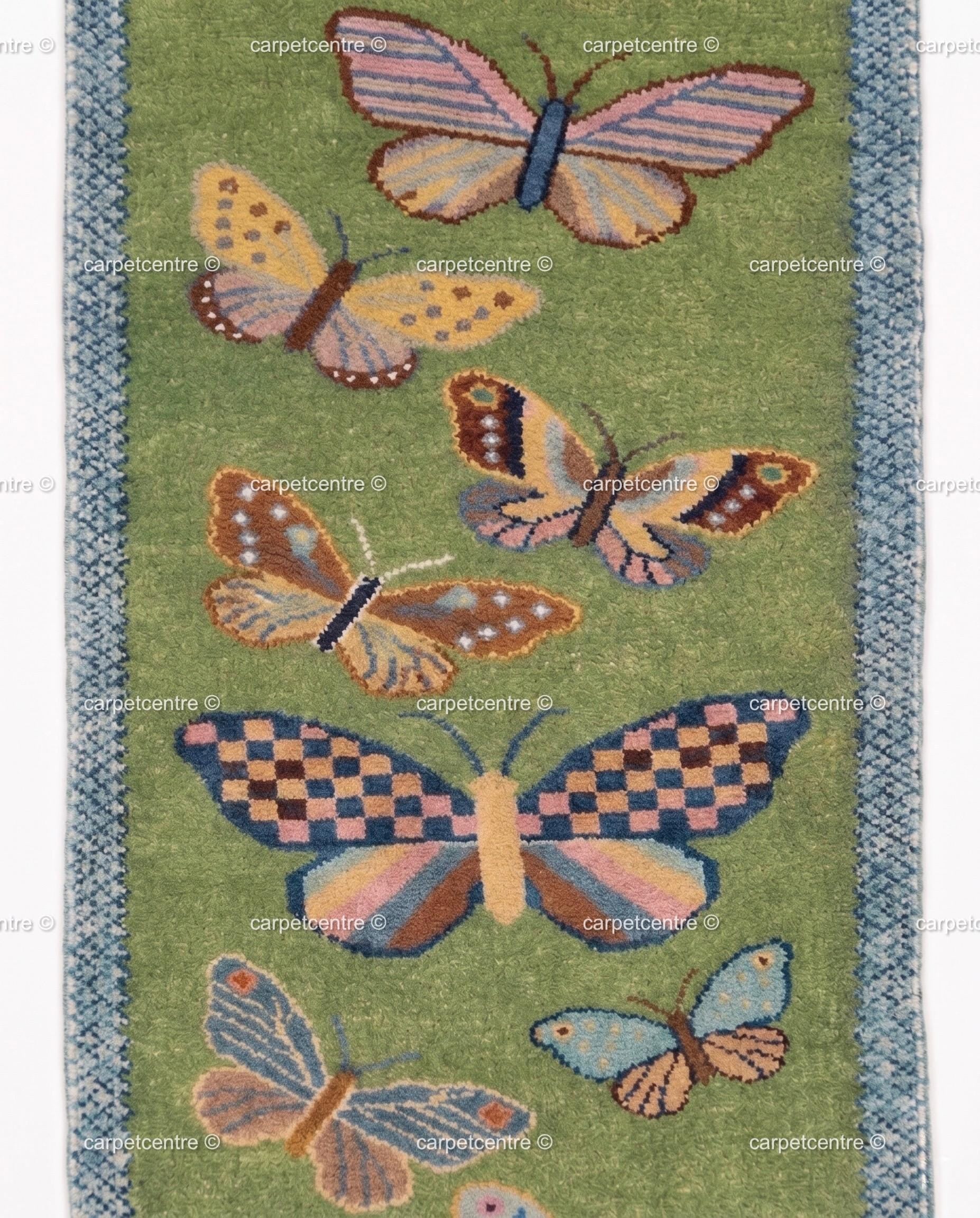 Handmade Wool Butterfly Runner Rug | Light Green Scattered Meadow Carpet