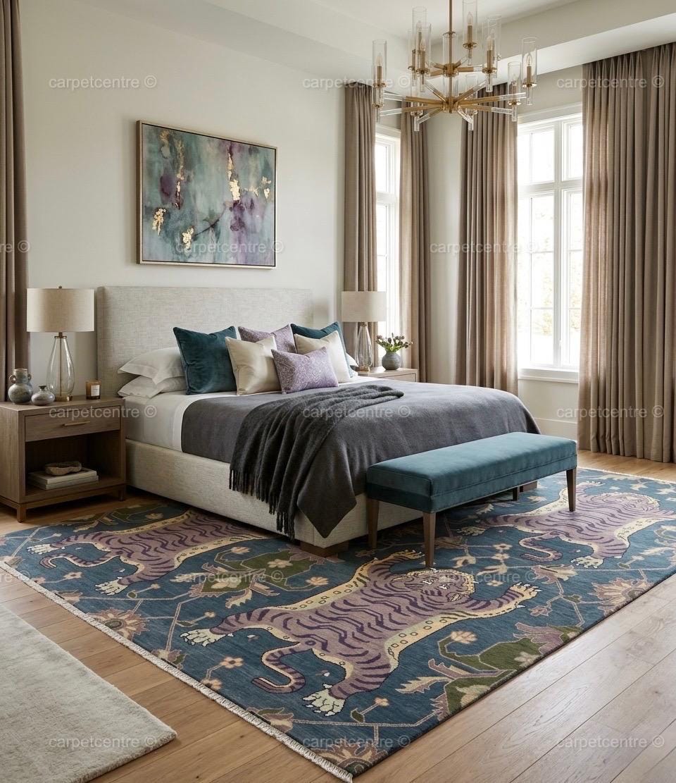 Tibetan Tiger Oushak Rug | Blue Hand-Knotted Wool Area Rug | Maximalist Boho Carpet