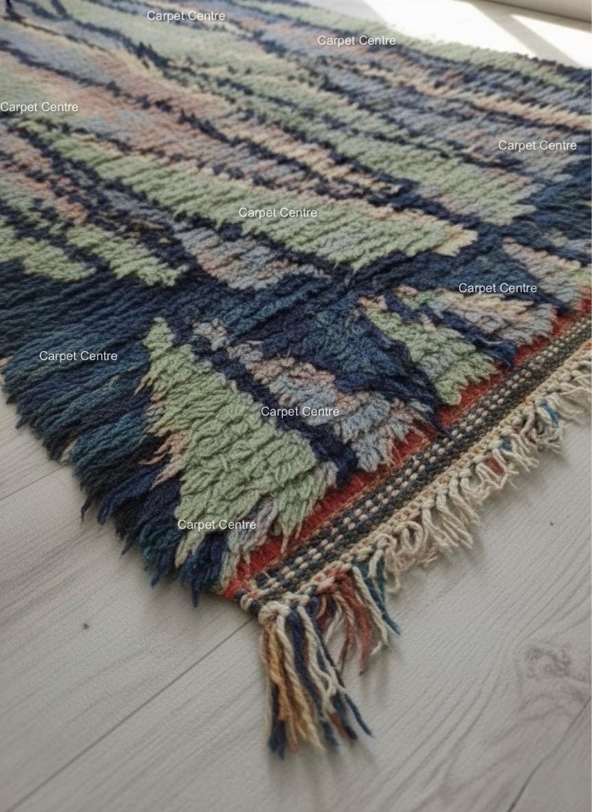 Handmade Moroccan Shag Rug, Navy Blue, Sage Green, Wool Tulu Rug