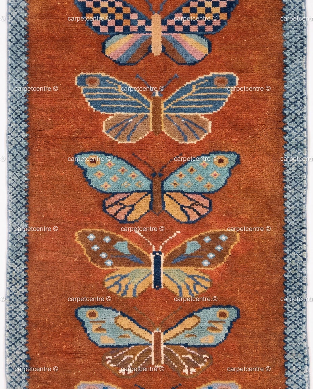 Handmade Wool Butterfly Runner Rug – Rust Orange Insect Motif Carpet