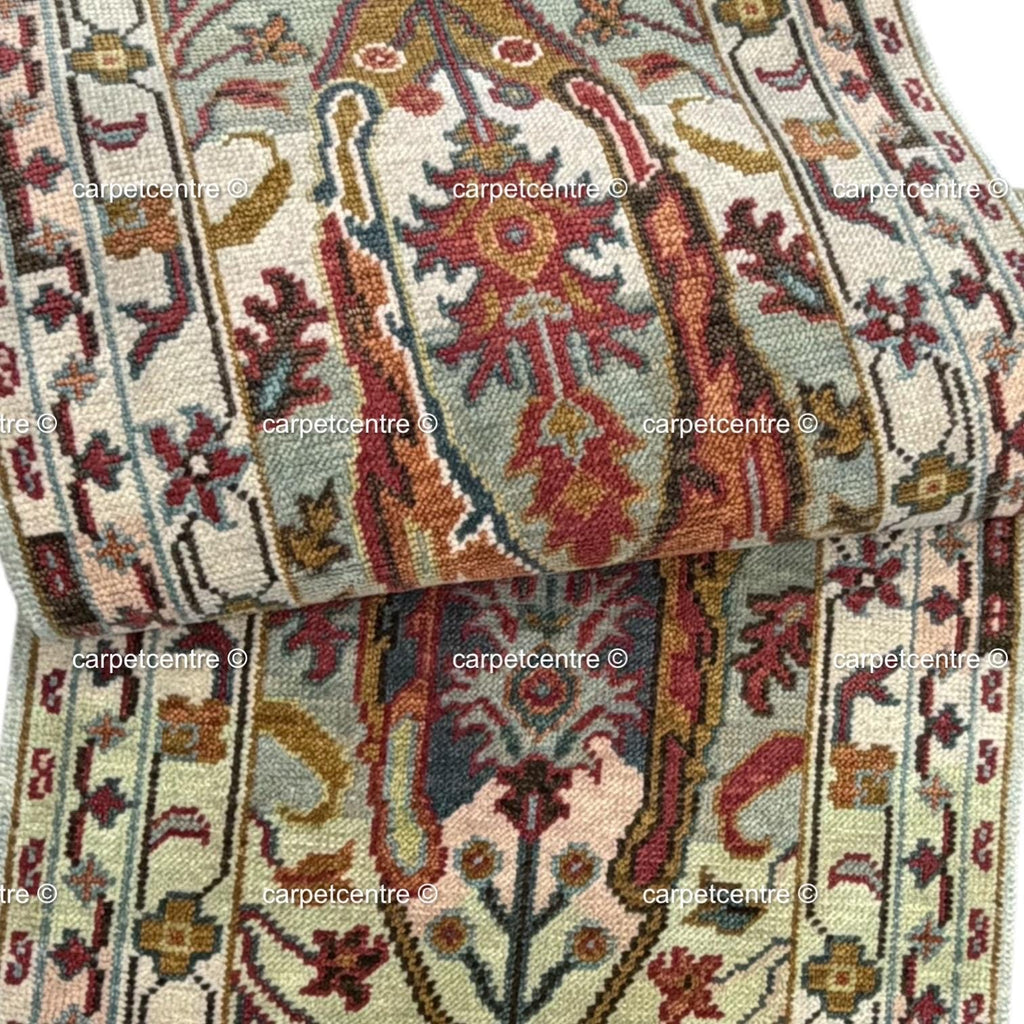 Unique Hand Knotted Oushak Runner Rug, Chinoiserie Botanical Wool Hallway-Entryway-Bathroom, Turkish Knot Kitchen Runner