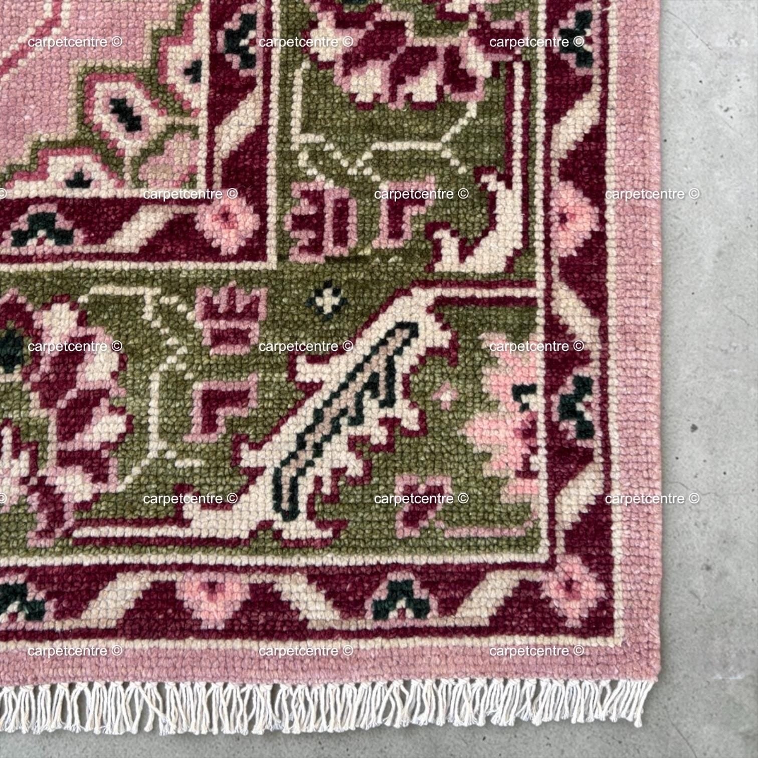 Hand Knotted Pink Oushak Rug, Olive Green Floral Wool Carpet, Vintage Style Nursery Decor