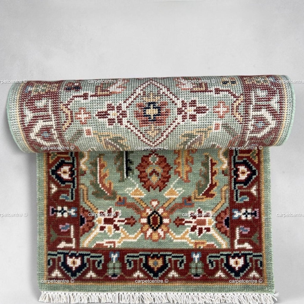Hand Knotted Oushak Runner Rug, Sage Green New Zealand Wool, Custom Entryway Hallway Rug