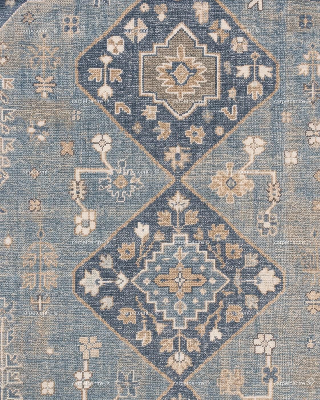 Hand Knotted Oushak Rug: Faded Blue New Zealand Wool Carpet (Custom Size)