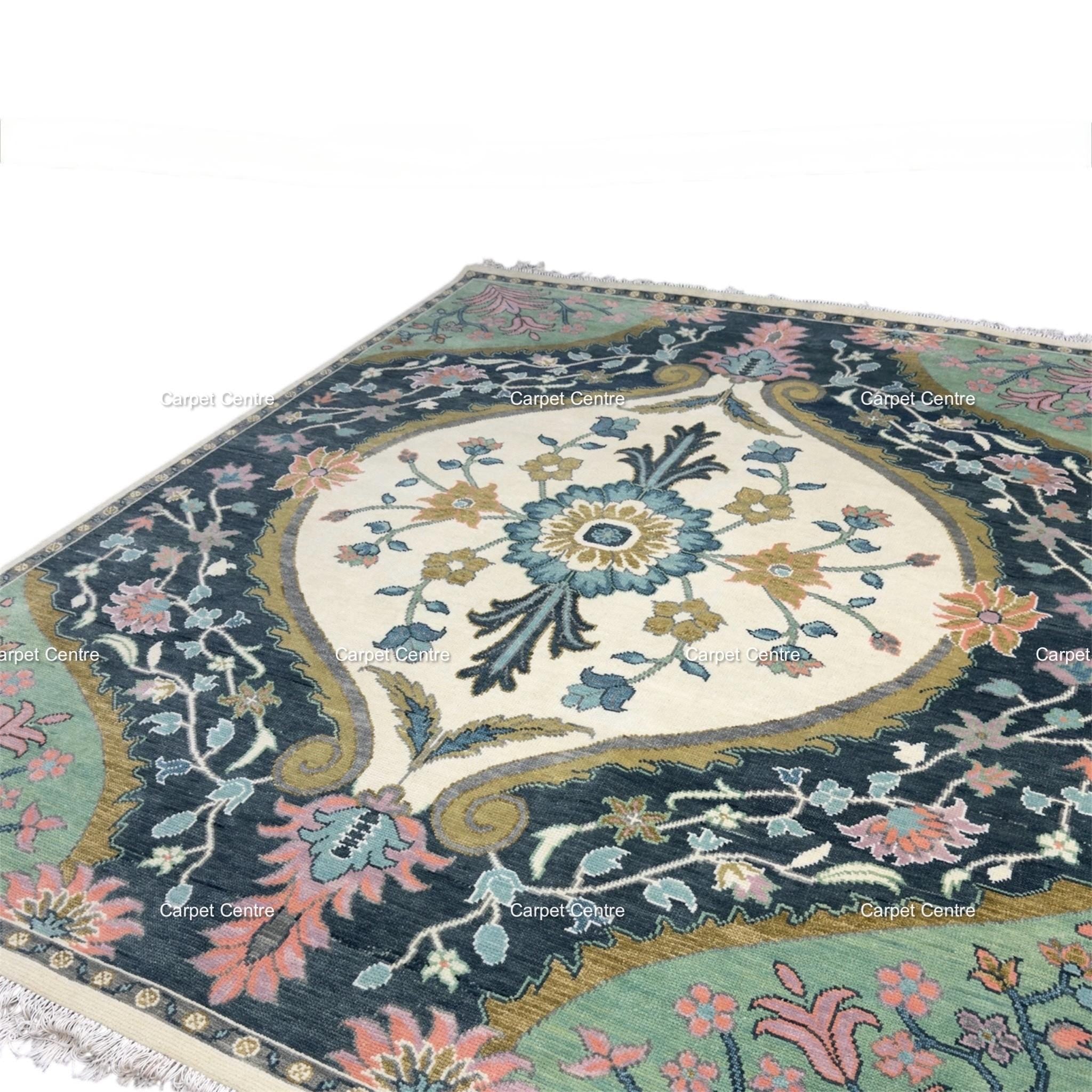 Handwoven Oushak Wool Rug, Ivory, Navy, Sage Green, (8x10)