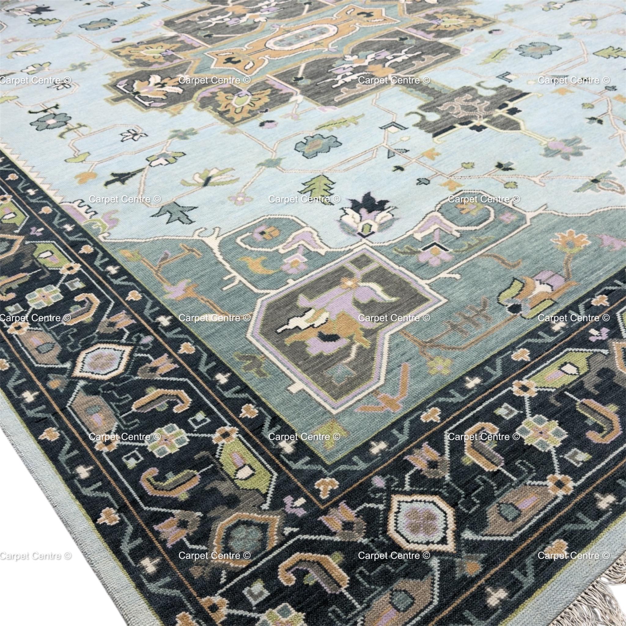 Hand Knotted Oushak Wool Rug, Aqua Navy Geometric Serapi Style