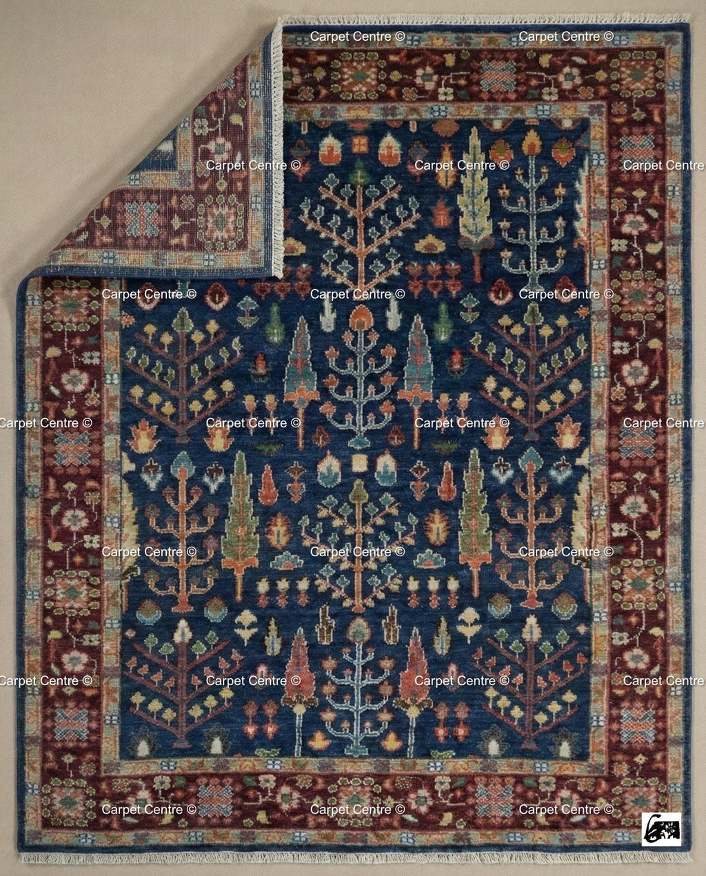 Handmade Navy Blue Oushak Rug | Tree of Life Wool Area Rug