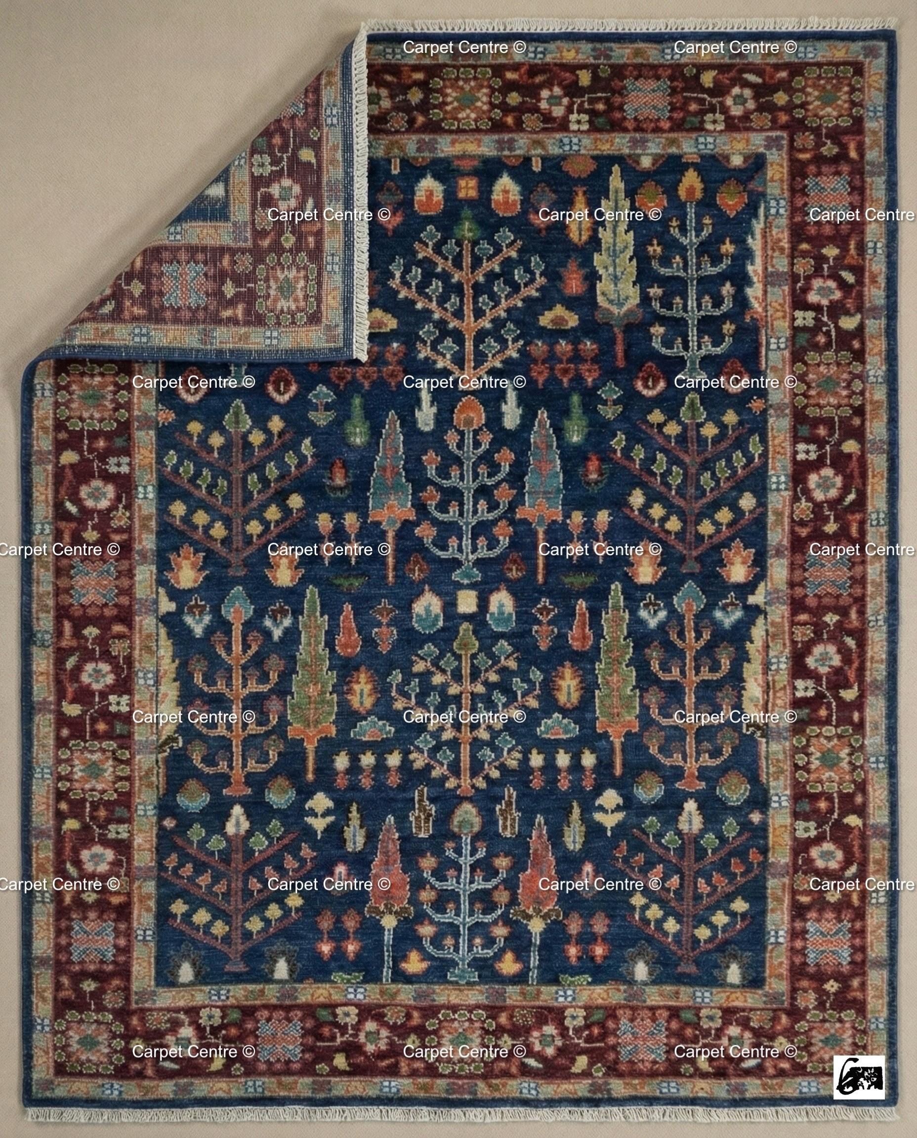 Handmade Navy Blue Oushak Rug | Tree of Life Wool Area Rug
