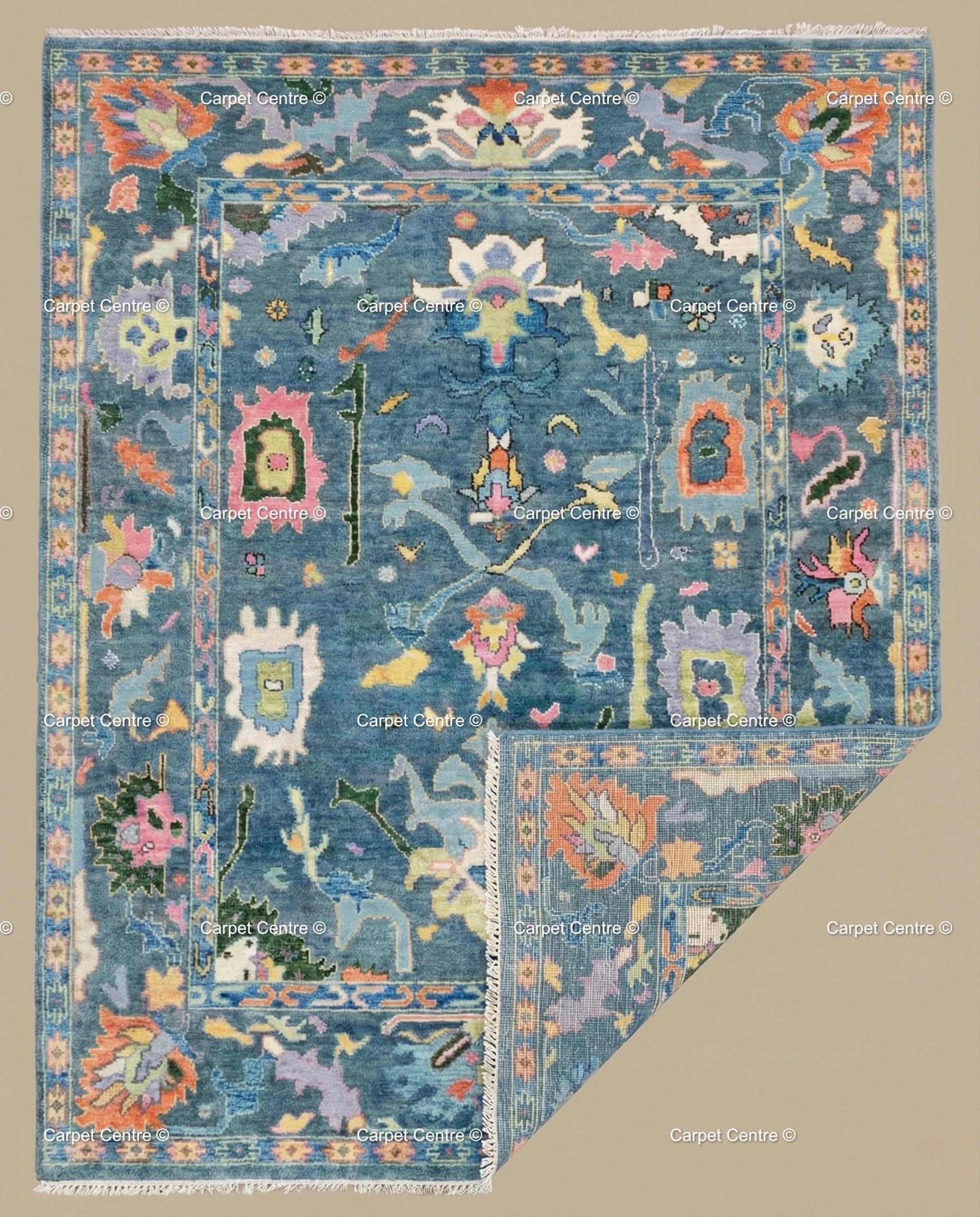 Blue Gabbeh Oushak Rug, Hand Knotted Wool Animal Design