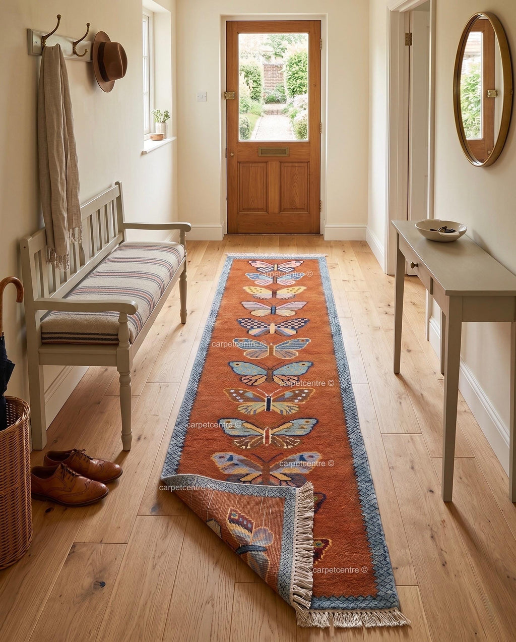 Handmade Wool Butterfly Runner Rug – Rust Orange Insect Motif Carpet