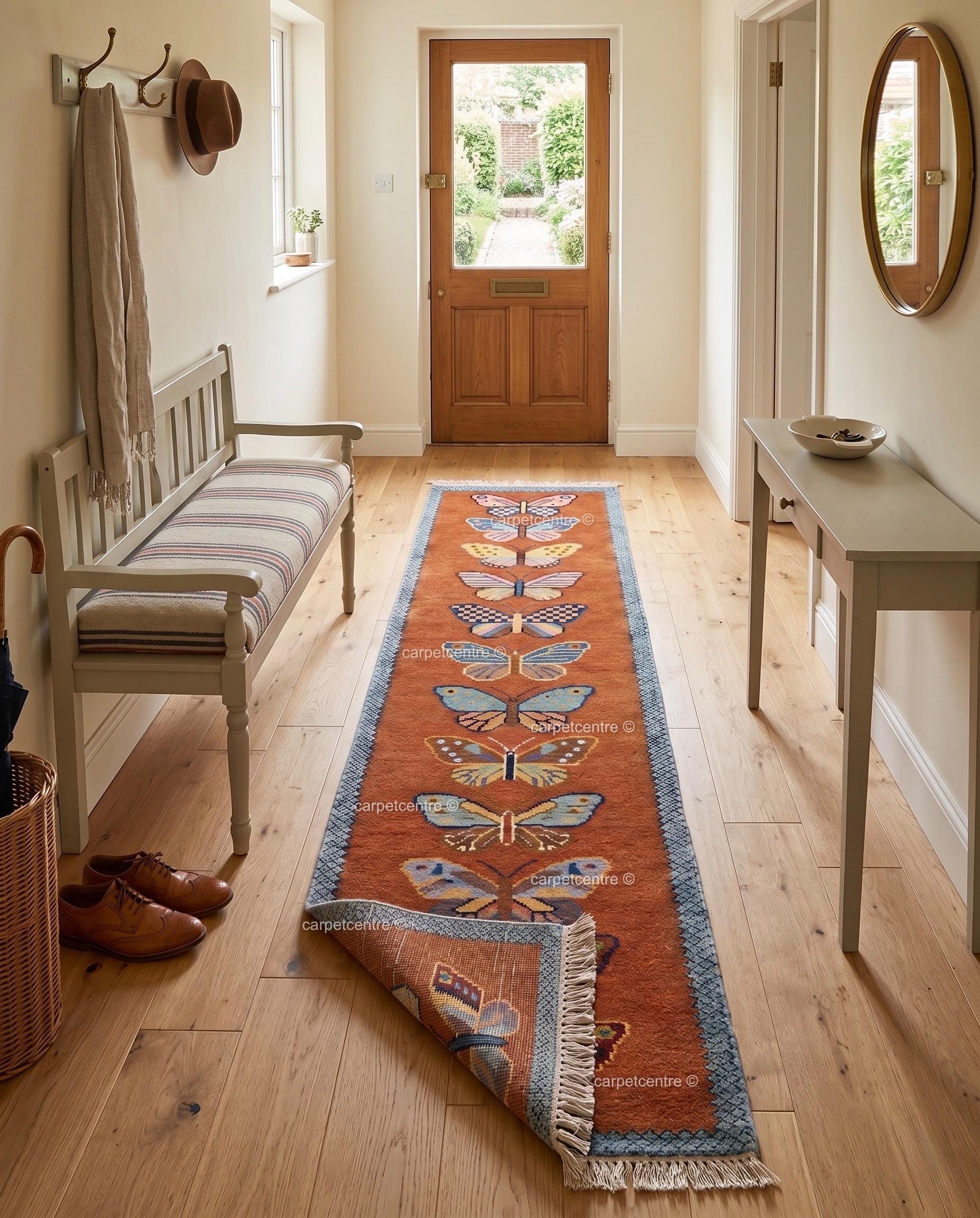 Handmade Wool Butterfly Runner Rug – Rust Orange Insect Motif Carpet