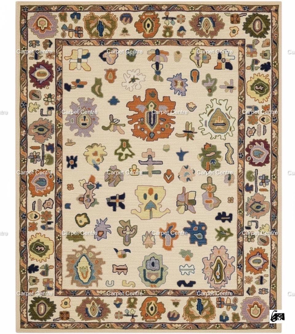 Hand-Knotted Ivory Oushak Wool Rug, Colorful Boho Floral, 8x10