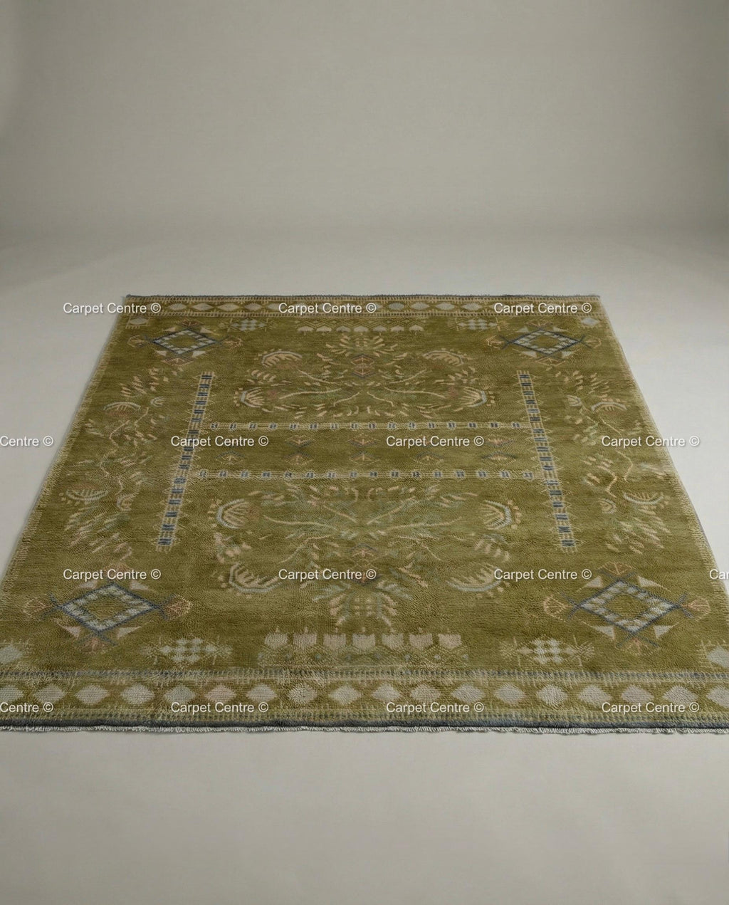 Hand-Knotted Olive Green Wool Oushak Rug 8x10 | Vintage Turkish Low Pile Carpet