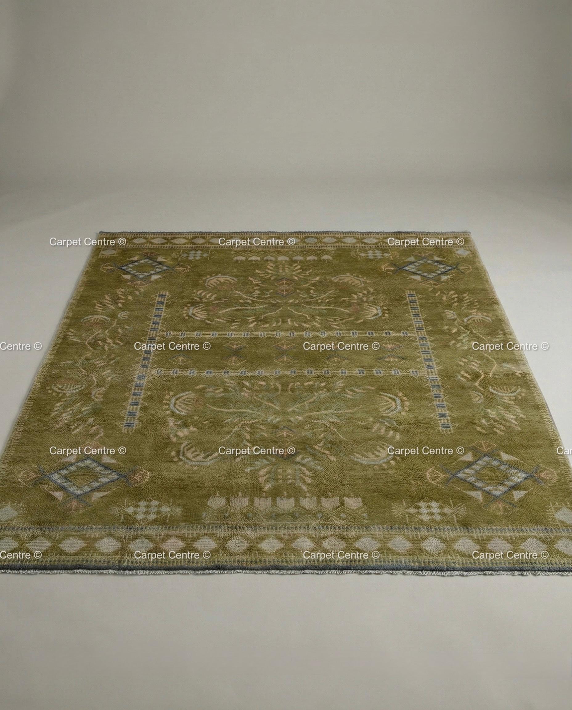Hand-Knotted Olive Green Wool Oushak Rug 8x10 | Vintage Turkish Low Pile Carpet