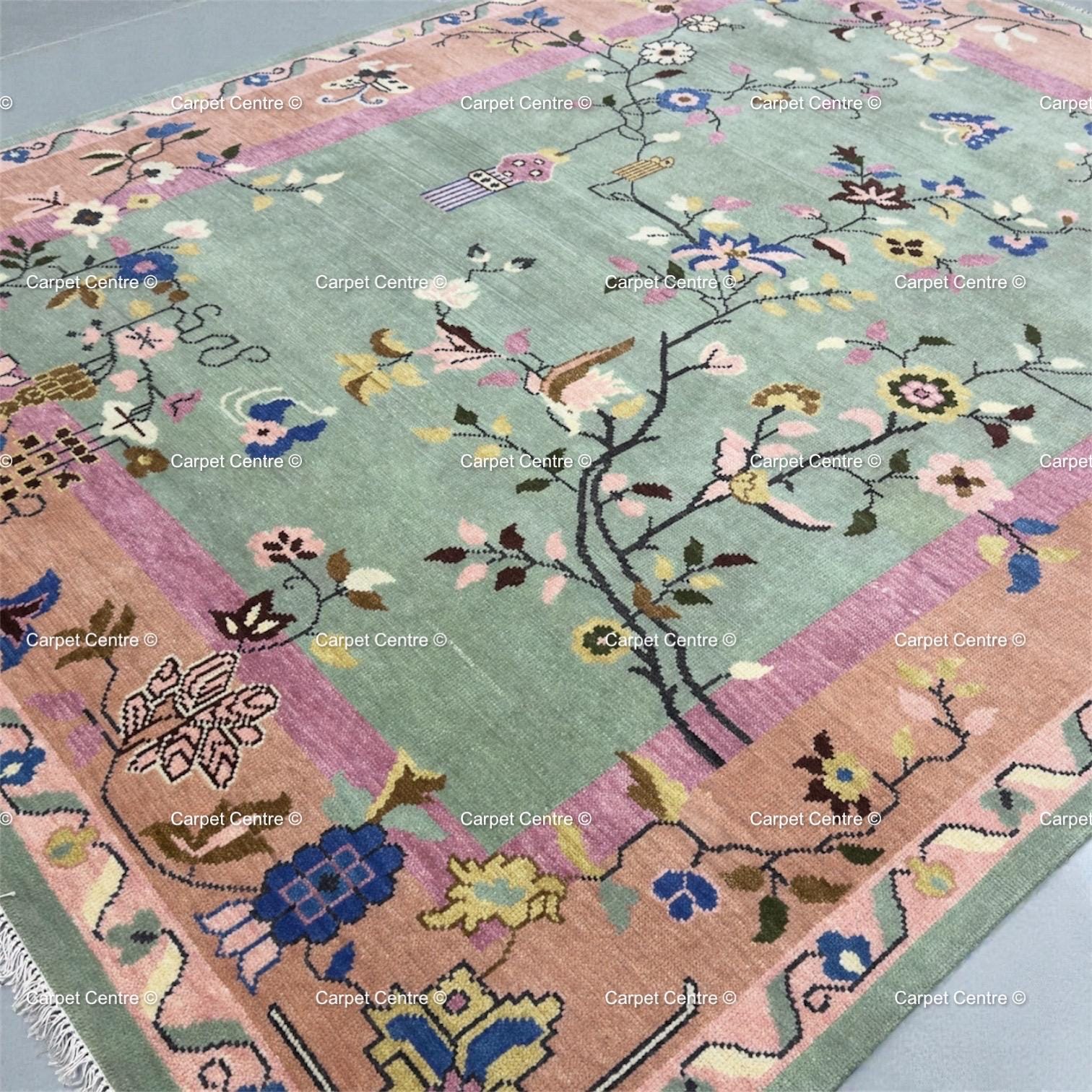Hand Knotted Oushak Wool Rug, Chinoiserie Floral Oriental Carpet, Pastel Living Room Bedroom