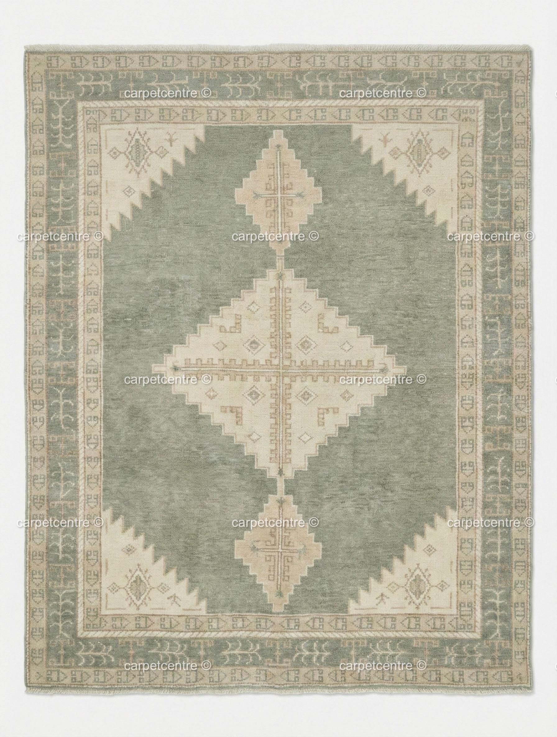 Hand Knotted Wool Rug, Muted Sage Green Pastel Turkish Style Area Rug