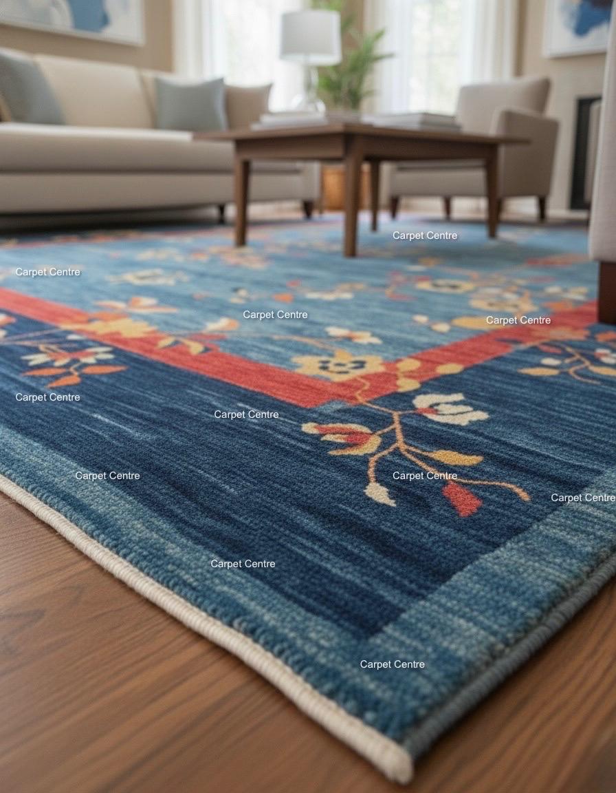 Hand-Knotted Oushak Wool Rug | Blue & Red Chinoiserie Floral Design
