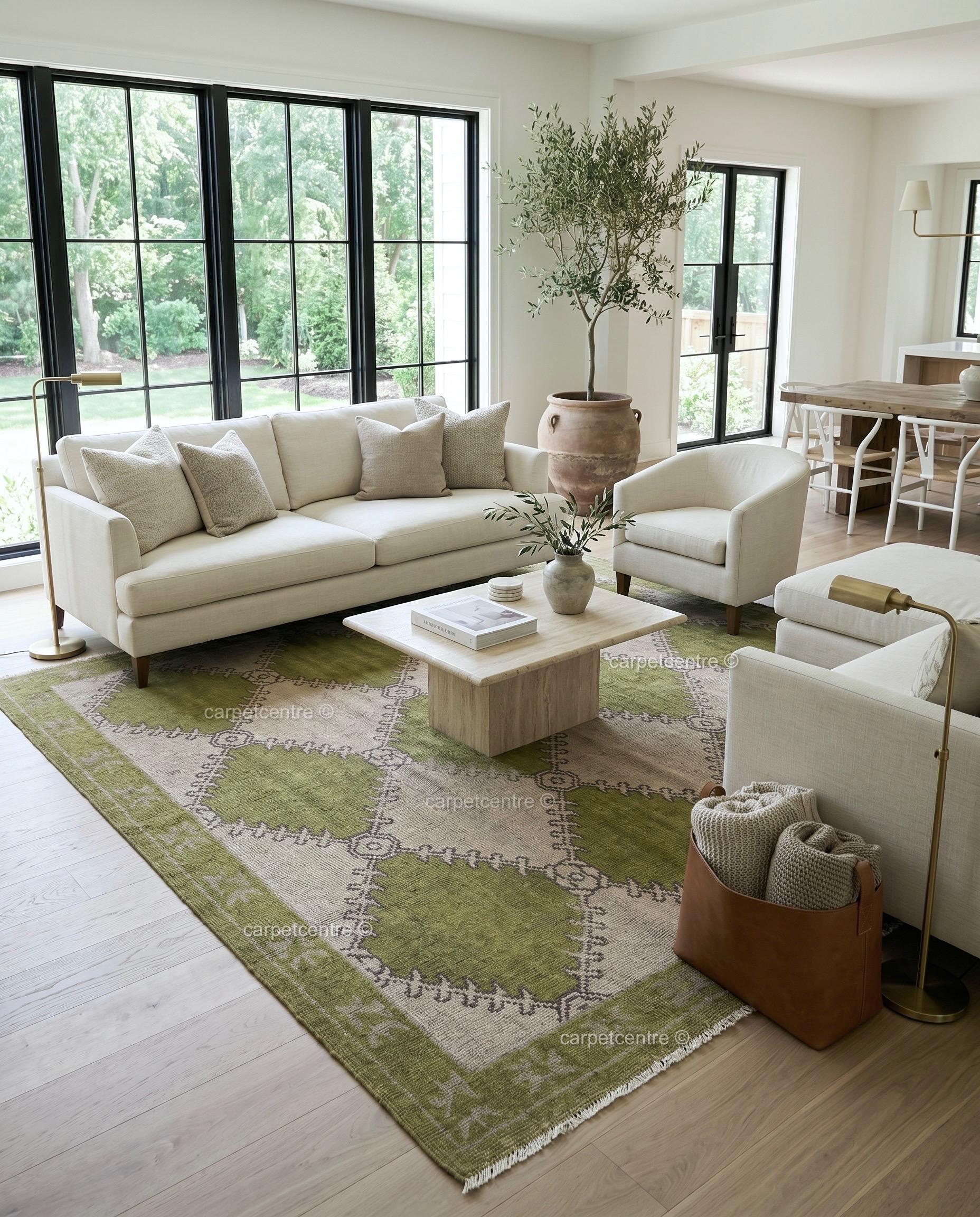 Hand Knotted Oushak Rug, Olive Green Geometric New Zealand Wool Area Rug