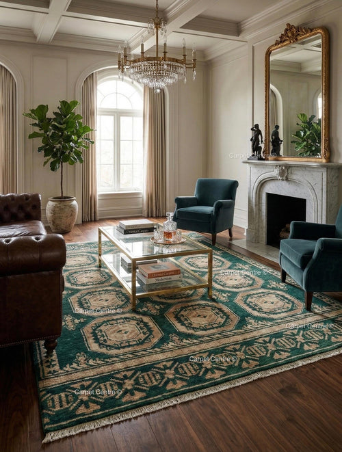Emerald Green Oushak Rug, Hand Knotted Wool Tribal Boho Carpet