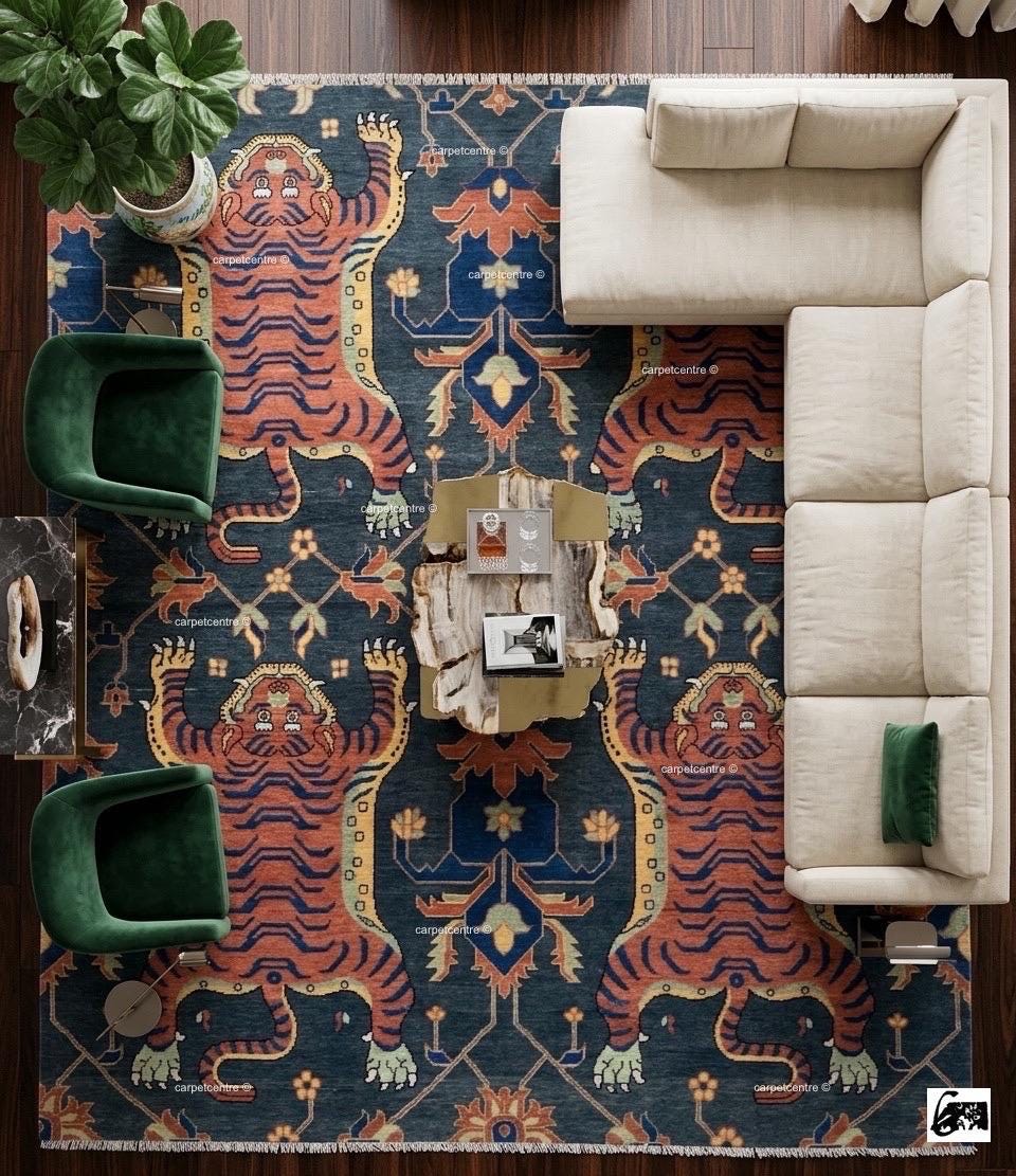 Tibetan Tiger Print Oushak Rug, Hand Knotted Wool 6x8 8x10 9x12 10x14 Area Carpet, Charcoal Rust Maximalist Decor Living Room Bedroom Decor