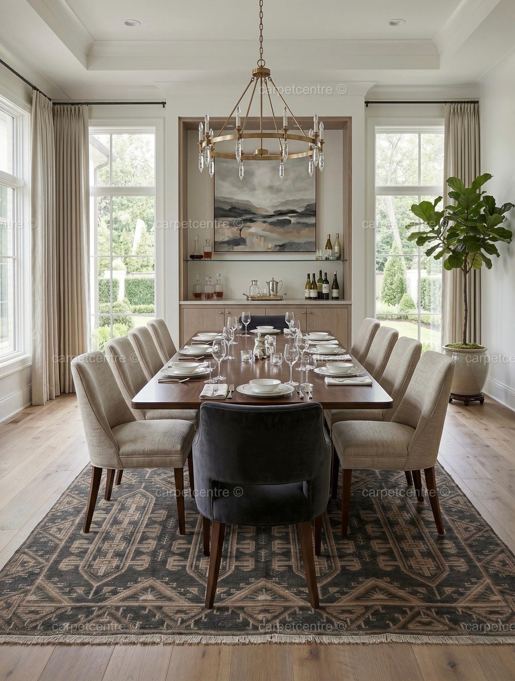 Hand Knotted Oushak Rug | Dark Grey Beige Geometric Tribal Wool Area Rug