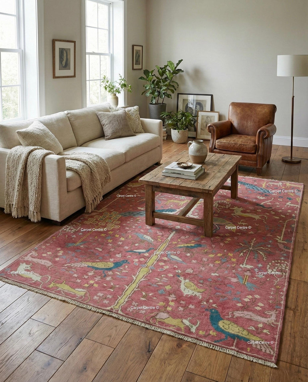 Pink Oushak Rug, Hand Knotted Wool Tree of Life Animal Rug