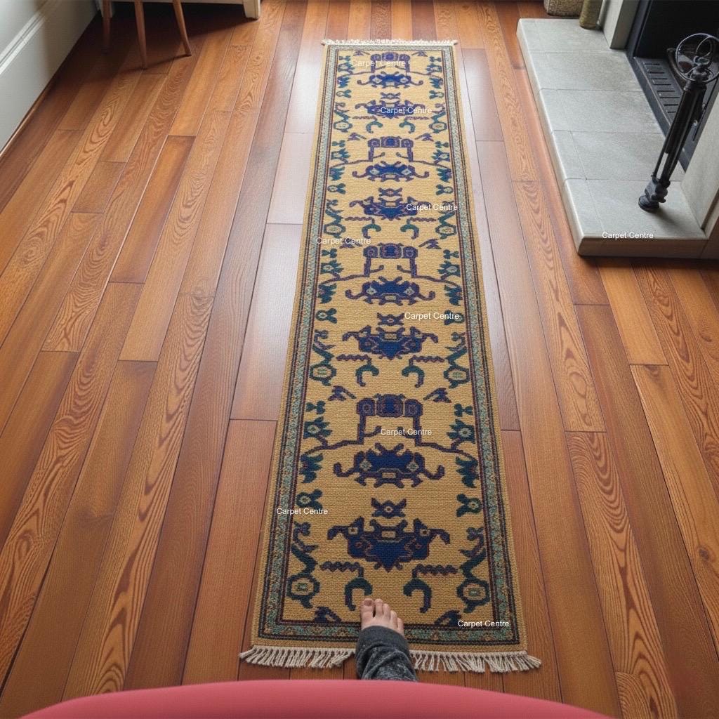 Hand-Knotted Wool Runner Rug, Golden Yellow Oushak, Navy Tribal Design