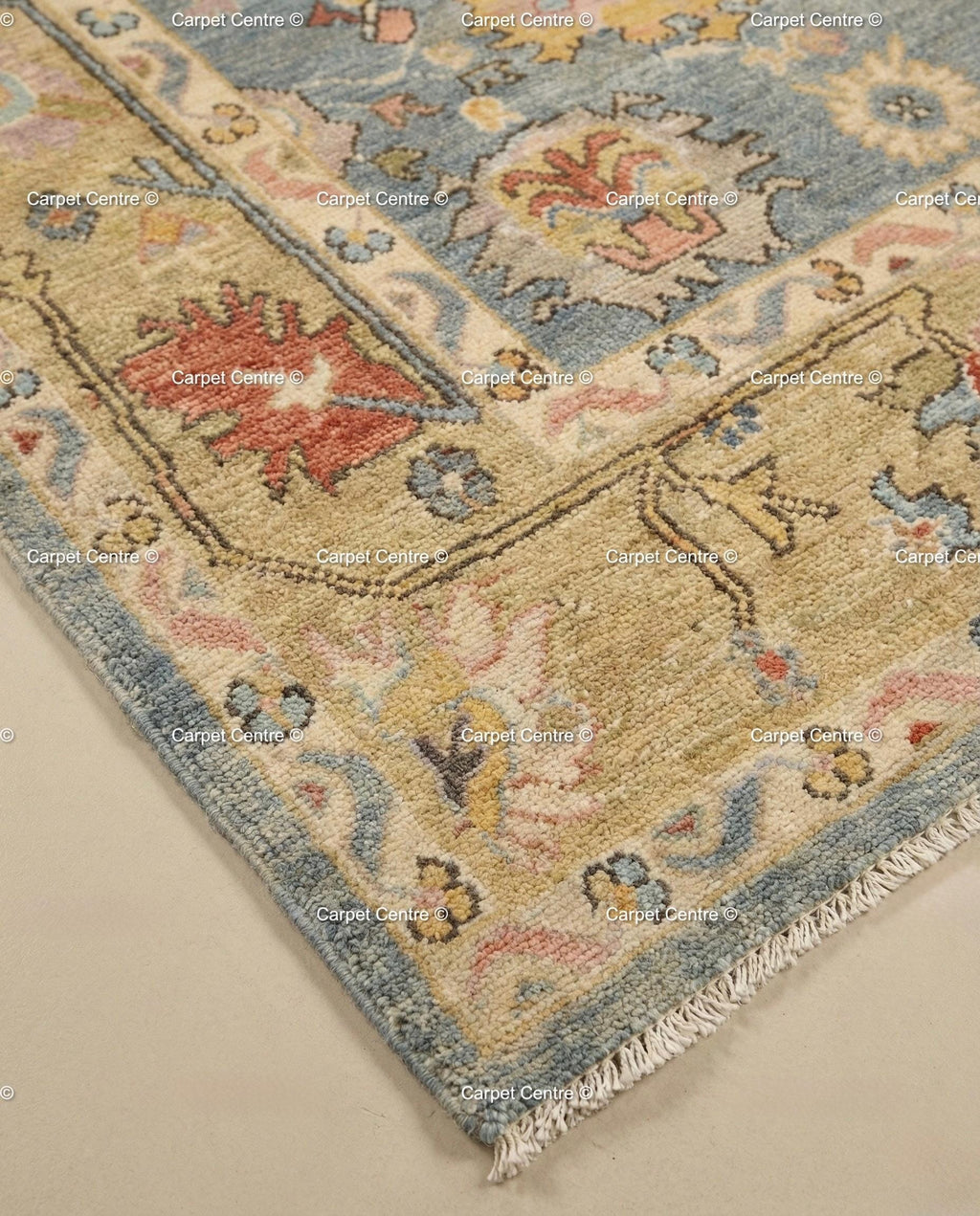 Floral Hand Knotted Oushak Wool Rug, Slate Blue & Gold