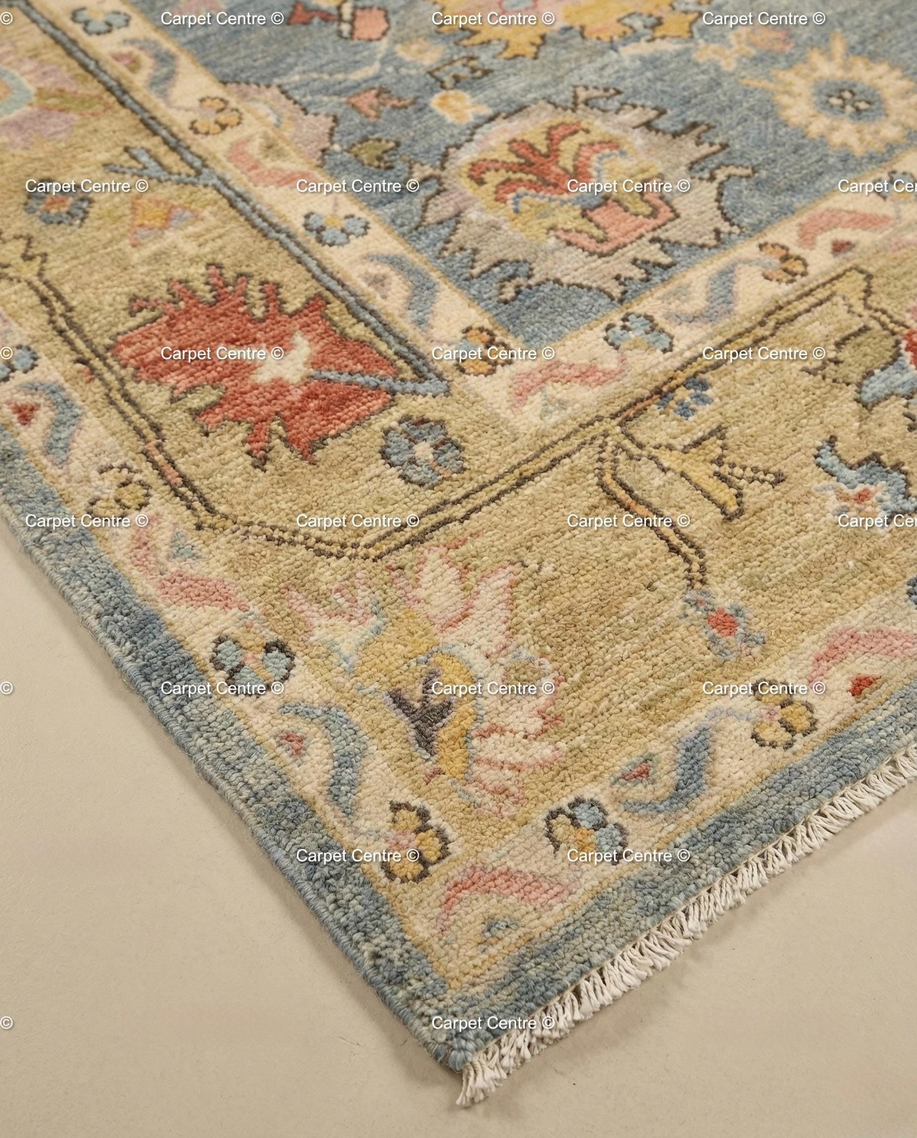 Floral Hand Knotted Oushak Wool Rug, Slate Blue & Gold