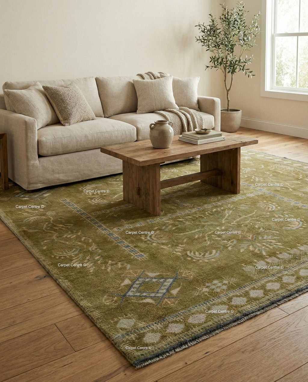 Hand-Knotted Olive Green Wool Oushak Rug 8x10 | Vintage Turkish Low Pile Carpet